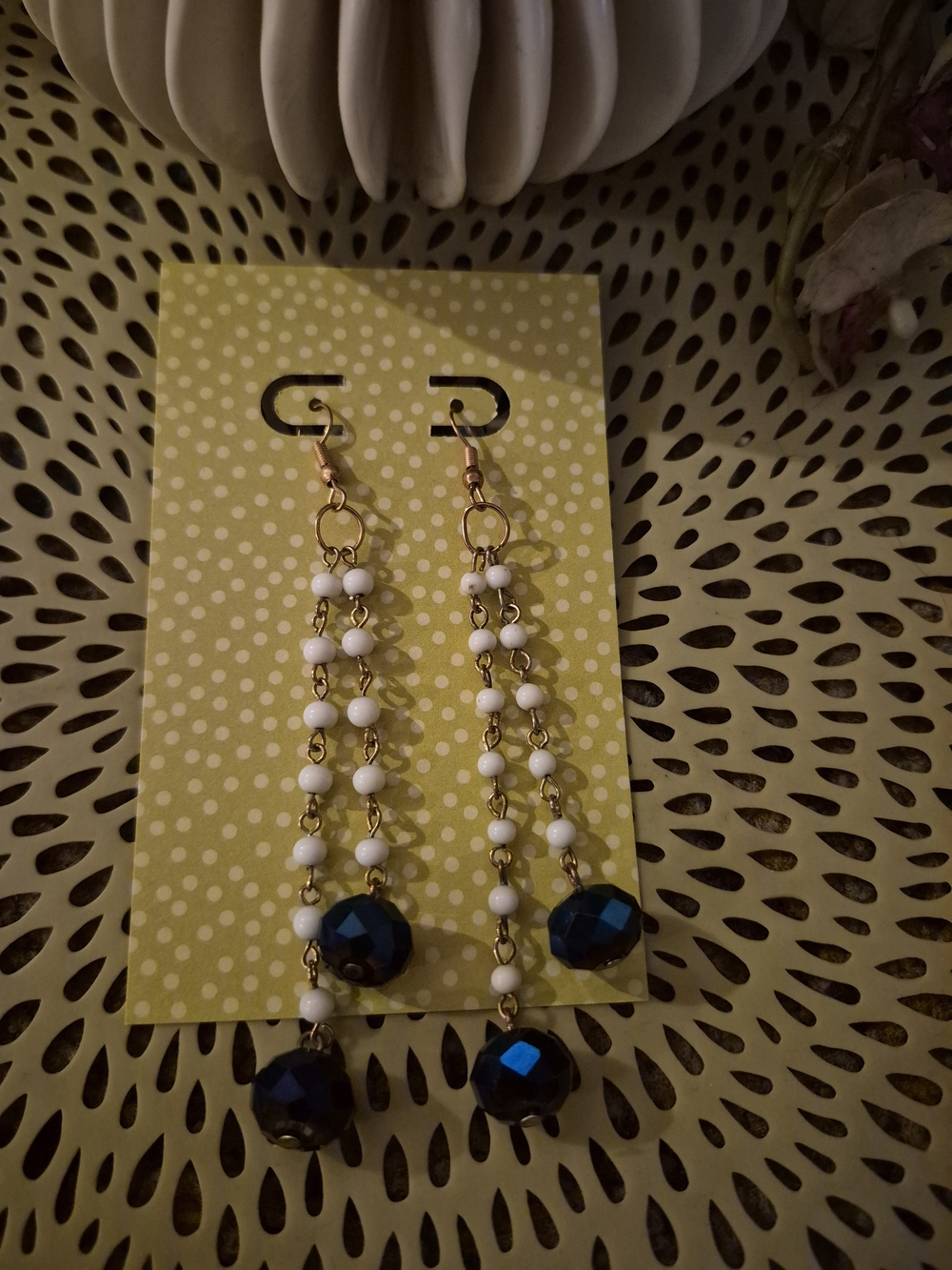 Handmade White Bead and Blue Crystal Drop Earrings